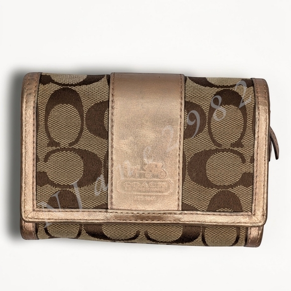 Coach Wallet Signature Canvas Trifold Khaki Brown Rose Gold Metallic Leather - Picture 2 of 14